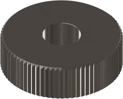 Made in USA - 3/4" Diam, 90° Tooth Angle, Beveled Face, Form Type Cobalt Straight Knurl Wheel - 1/4" Face Width, 1/4" Hole, 128 Diametral Pitch, 0° Helix, Ferritic Nitrocarburizing Finish, Series KN - Exact Industrial Supply