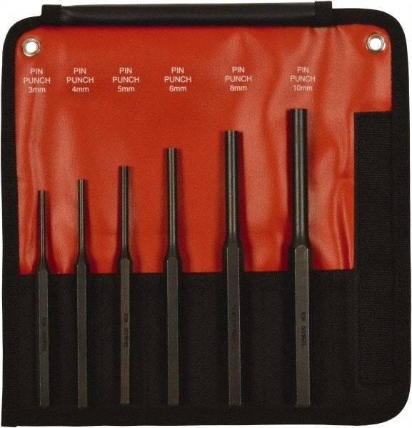 Mayhew - 6 Piece, 3 to 10mm, Pin Punch Set - Hex Shank, Steel, Comes in Kit Bag - Caliber Tooling