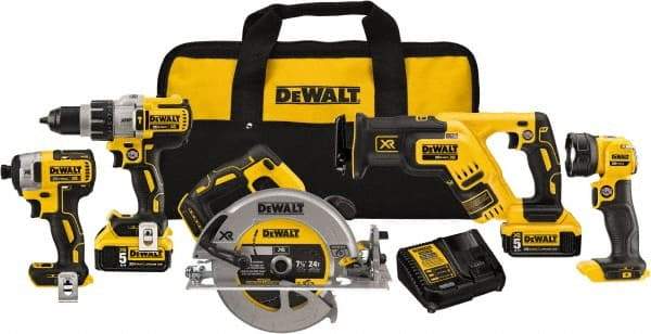 DeWALT - 20 Volt Cordless Tool Combination Kit - Includes 1/2" Brushless Hammerdrill, 1/4" Brushless Impact Driver, Brushless Reciprocating Saw, 7-1/2" Brushless Circular Saw & LED Worklight, Lithium-Ion Battery Included - Caliber Tooling