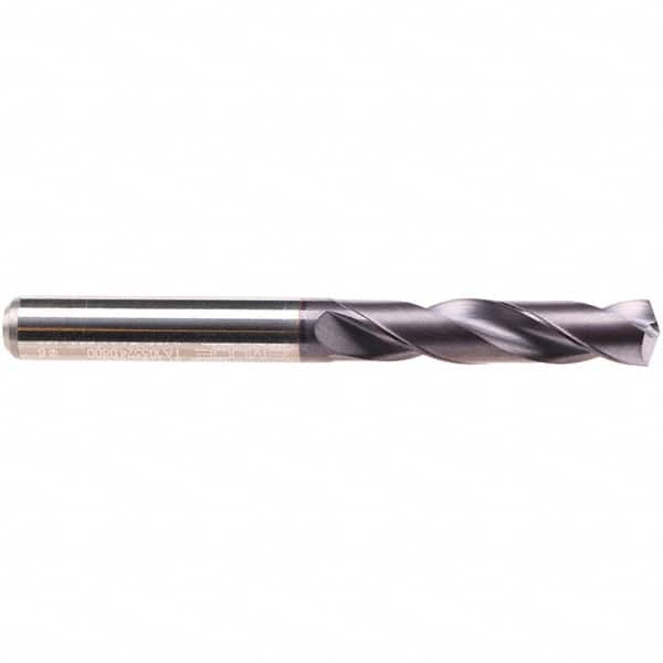 Emuge - 13mm 140° Spiral Flute Solid Carbide Screw Machine Drill Bit - TiAlN Finish, Right Hand Cut, 55mm Flute Length, 102mm OAL, Four Facet Point, Straight Shank - Caliber Tooling