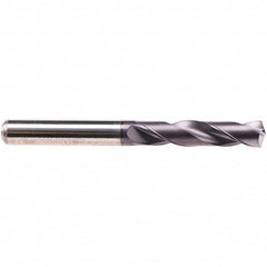 Emuge - 13mm 140° Spiral Flute Solid Carbide Screw Machine Drill Bit - TiAlN Finish, Right Hand Cut, 55mm Flute Length, 102mm OAL, Four Facet Point, Straight Shank - Caliber Tooling