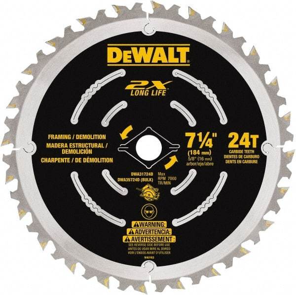 DeWALT - 7-1/4" Diam, 15.88mm Arbor Hole Diam, 48 Tooth Wet & Dry Cut Saw Blade - Steel, Framing Action, Standard Round Arbor - Caliber Tooling