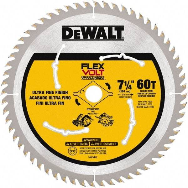 DeWALT - 7-1/4" Diam, 15.88mm Arbor Hole Diam, 60 Tooth Wet & Dry Cut Saw Blade - Steel, Smooth Action, Standard Round Arbor - Caliber Tooling