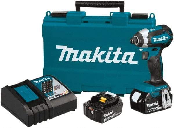 Makita - 18 Volt, 1/4" Drive, 125 Ft/Lb Torque, Cordless Impact Driver - Pistol Grip Handle, 3400 RPM, 2 Lithium-Ion Batteries Included - Caliber Tooling