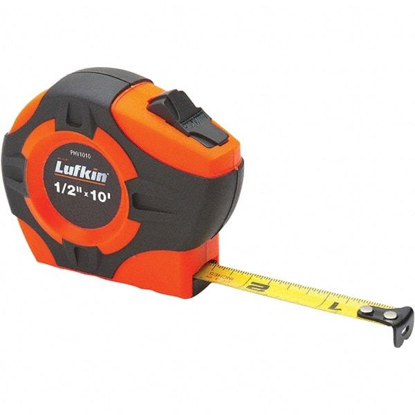 Lufkin - 12' x 1/2" Yellow Steel Blade Tape Measure - 1/16" Graduation, High-Visibility Orange ABS Rubber Grip Case - Caliber Tooling