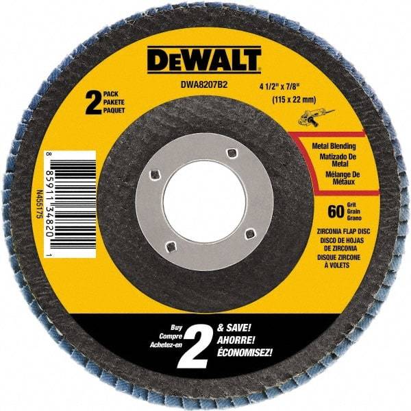 DeWALT - 60 Grit, 4-1/2" Wheel Diam, 3/4" Wheel Thickness, 7/8" Arbor Hole, Type 29 Depressed Center Wheel - Medium Grade, Zirconia Alumina, 13,300 Max RPM - Caliber Tooling