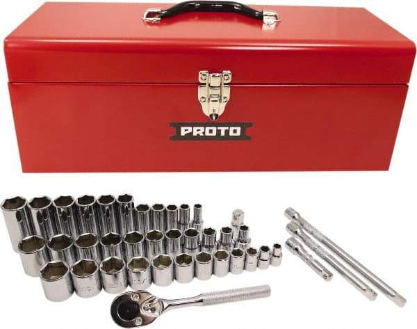 Proto - 39 Piece 3/8" & 1/2" Drive Chrome Finish Deep Well Socket Set - 6 Points, 5/16" to 1" Range, Inch Measurement Standard - Caliber Tooling