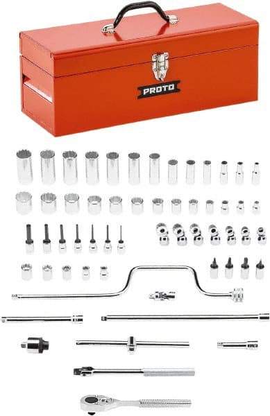 Proto - 58 Piece 3/8" Drive Chrome Finish Deep Well Socket Set - 8, 12 Points, 1/4" to 1" Range, Inch Measurement Standard - Caliber Tooling