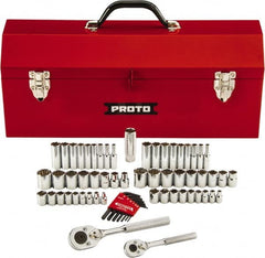 Proto - 63 Piece 1/4" & 3/8" Drive Chrome Finish Deep Well Socket Set - 6, 12 Points, 1/8" to 3/4" (5mm to 18mm) Range, Inch/Metric Measurement Standard - Caliber Tooling