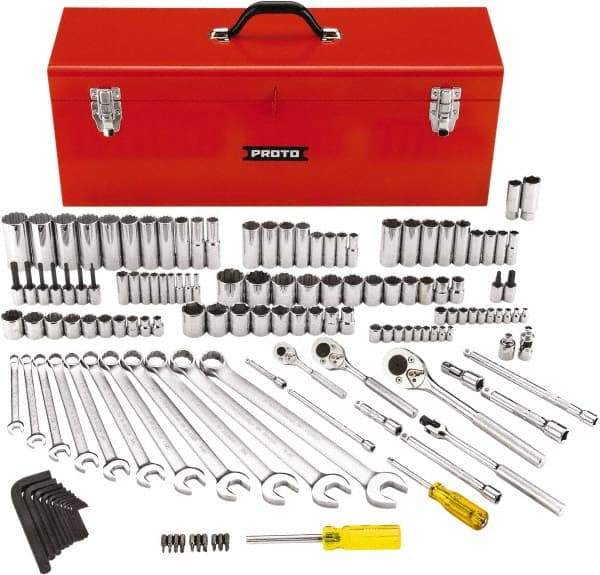 Proto - 148 Piece 1/4, 3/8 & 1/2" Drive Standard Deep Socket Set - 6 & 12 Points, 5/32 to 1-1/8", Inch Measurement Standard - Caliber Tooling