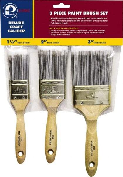 Premier Paint Roller - 1-1/2, 2 & 3" Flat Polyester General Purpose Paint Brush Set - 2-1/4 & 2-1/2 & 3" Bristle Length, 6 & 6-1/2" Wood Beavertail Handle - Caliber Tooling