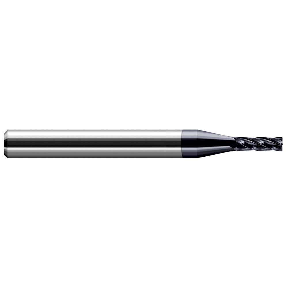 Corner Radius End Mill: 0.02″ Dia, 0.06″ LOC, 0.005″ Radius, 4 Flutes, Solid Carbide 1-1/2″ OAL, 1/8″ Shank Dia, 30 ° Helix, AlTiN Coated, Corner Radius End