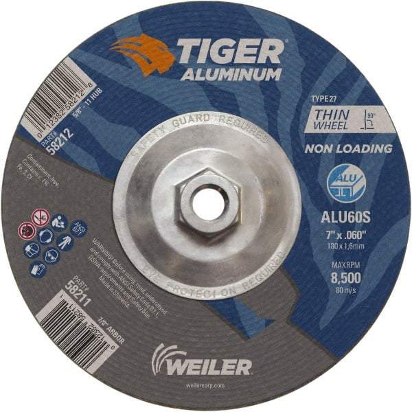 Weiler - 7" 60 Grit Aluminum Oxide/Silicon Carbide Blend Cutoff Wheel - 0.06" Thick, 5/8-11 Arbor, 8,500 Max RPM, Use with Angle Grinders - Caliber Tooling