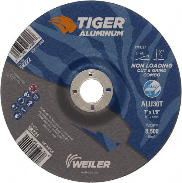 Weiler - 7" 30 Grit Aluminum Oxide/Silicon Carbide Blend Cutoff Wheel - 1/8" Thick, 7/8" Arbor, 8,500 Max RPM, Use with Angle Grinders - Caliber Tooling