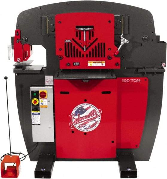 Edwards Manufacturing - 11" Throat Depth, 100 Ton Punch Pressure, 1-1/16" in 1" Punch Capacity Ironworker - 7-1/2 hp, 3 Phase, 460 Volts, 56-1/8" Wide x 61-11/16" High x 45" Deep - Caliber Tooling