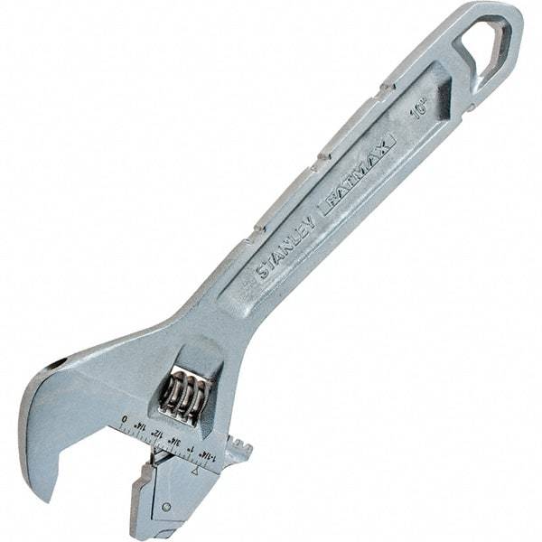 Stanley - 1-1/4" Jaw Capacity, 10" Ratcheting Adjustable Wrench - Steel, Chrome Finish, 10" OAL - Caliber Tooling