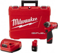 Milwaukee Tool - 1/4" Drive 12 Volt Pistol Grip Cordless Impact Wrench & Ratchet - 3,300 RPM, 0 to 4,000 BPM, 1,300 Ft/Lb Torque, 2 Lithium-Ion Batteries Included - Caliber Tooling