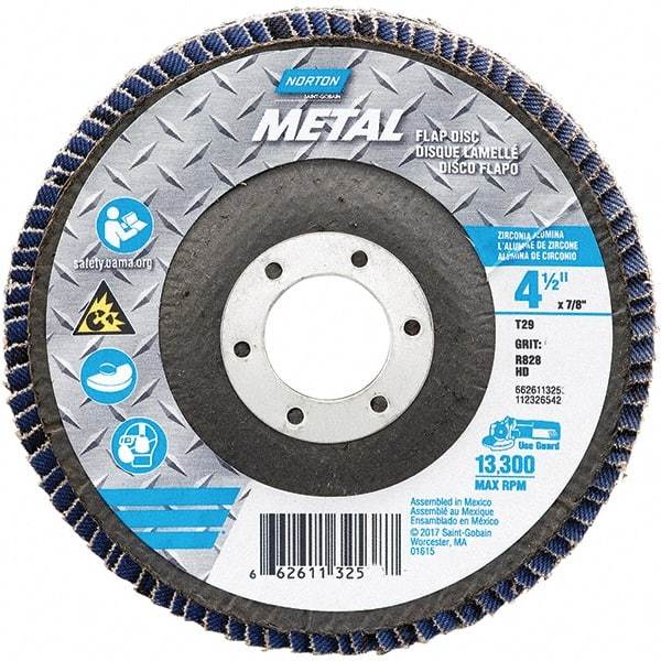 Norton - 60 Grit, 4-1/2" Disc Diam, 7/8" Center Hole, Type 29 Zirconia Alumina Flap Disc - 13,300 Max RPM, Fiberglass Backing, Arbor Attaching System, Coated - Caliber Tooling