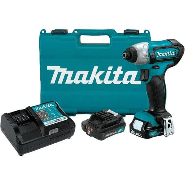 Makita - 12 Volt, 1/4" Drive, 80 Ft/Lb Torque, Cordless Impact Driver - Pistol Grip Handle, 2600 RPM, 2 Lithium-Ion Batteries Included - Caliber Tooling