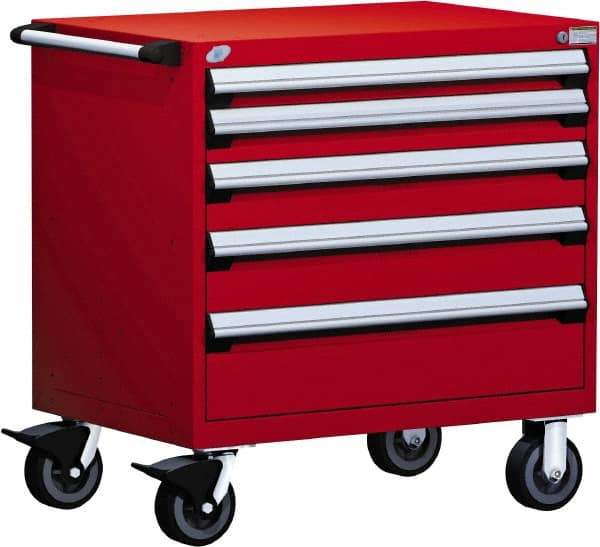 Rousseau Metal - 5 Drawer Steel Tool Roller Cabinet - 30" Wide x 37-1/2" High x 27" Deep, Ball Bearing Drawer Slides, Red - Caliber Tooling