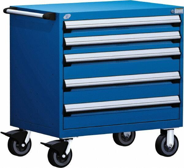 Rousseau Metal - 5 Drawer Steel Tool Roller Cabinet - 36" Wide x 37-1/2" High x 24" Deep, Ball Bearing Drawer Slides, Blue - Caliber Tooling