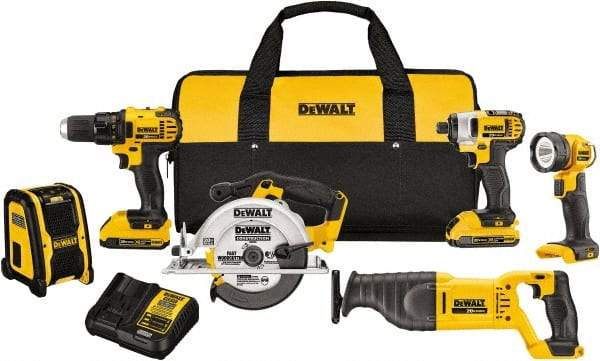 DeWALT - 20 Volt Cordless Tool Combination Kit - Includes 1/2" Compact Drill/Driver, 1/4" Impact Driver, Reciprocating Saw, 6-1/2 Circular Saw, LED Worklight & Bluetooth Speaker, Lithium-Ion Battery Included - Caliber Tooling