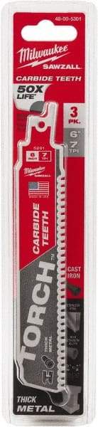 Milwaukee Tool - 6" Long x 1" Thick, Carbide Reciprocating Saw Blade - Straight Profile, 7 TPI, Toothed Edge, Universal Shank - Caliber Tooling