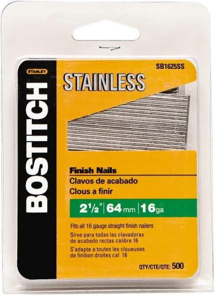 Stanley Bostitch - 16 Gauge 1/16" Shank Diam 2-1/2" Long Finishing Nails for Power Nailers - Stainless Steel, Smooth Shank, Straight Stick Adhesive Collation, Round Head, Chisel Point - Caliber Tooling