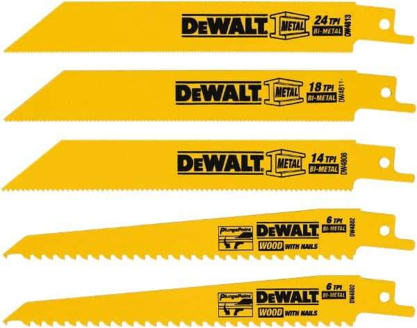 DeWALT - 5 Pieces, 6" Long x 0.04" Thickness, Bi-Metal Reciprocating Saw Blade Set - Straight Profile, 6 to 18 Teeth, Toothed Edge - Caliber Tooling