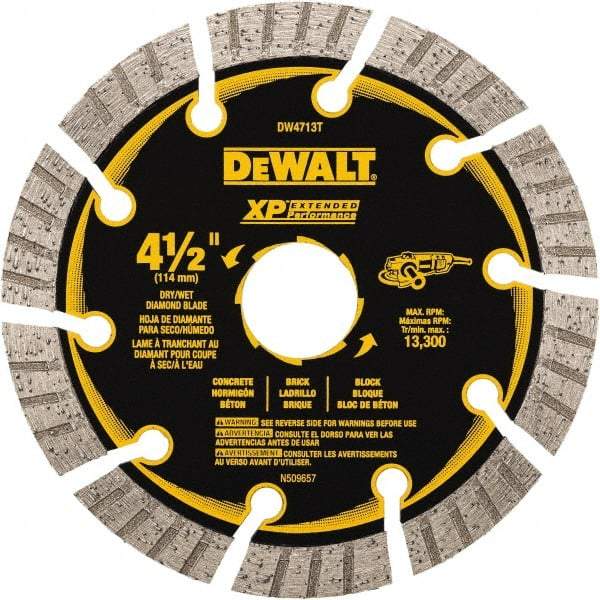 DeWALT - 4-1/2" Diam, 5/8" Arbor Hole Diam, 10 Tooth Wet & Dry Cut Saw Blade - Diamond Matrix, Fast Cutting Action, Standard Round Arbor - Caliber Tooling