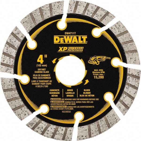 DeWALT - 4" Diam, 7/8" Arbor Hole Diam, 8 Tooth Wet & Dry Cut Saw Blade - Diamond Matrix, Fast Cutting Action, Standard Round Arbor - Caliber Tooling