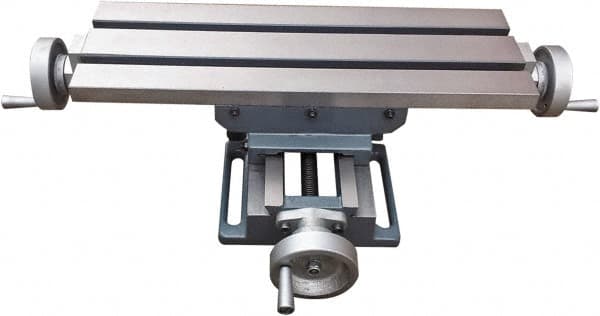 Interstate - 6-1/8" Table Width x 18-5/8" Table Length, 9" Cross Travel x 13" Longitudinal Travel, Slide Machining Table - 5.28" Overall Height, Two 1/2" Longitudinal T Slots - Caliber Tooling