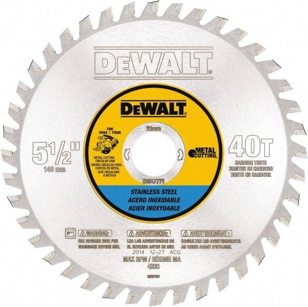 DeWALT - 5-1/2" Diam, 25/32" Arbor Hole Diam, 40 Tooth Wet & Dry Cut Saw Blade - Steel, Crosscutting Action, Standard Round Arbor - Caliber Tooling