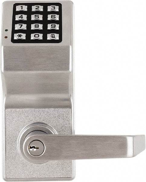 Alarm Lock - Combination Entry Lever Lockset with Key Override - 2-3/4" Back Set, Steel, Brushed Chrome Finish - Caliber Tooling