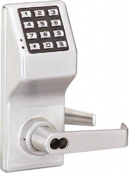 Alarm Lock - Combination Entry Lever Lockset with Key Override - 2-3/4" Back Set, Steel, Brushed Chrome Finish - Caliber Tooling