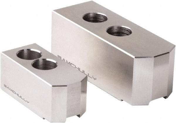 Samchully - 304mm Max Chuck Capacity, 1.5mm x 60° Serrated Interface, Square Soft Lathe Chuck Jaw - 3 Jaw, Steel, 30mm Btw Mount Hole Ctrs, 129mm Long, 50mm Wide, 50mm High, 18mm Groove, M14mm Fastener - Caliber Tooling