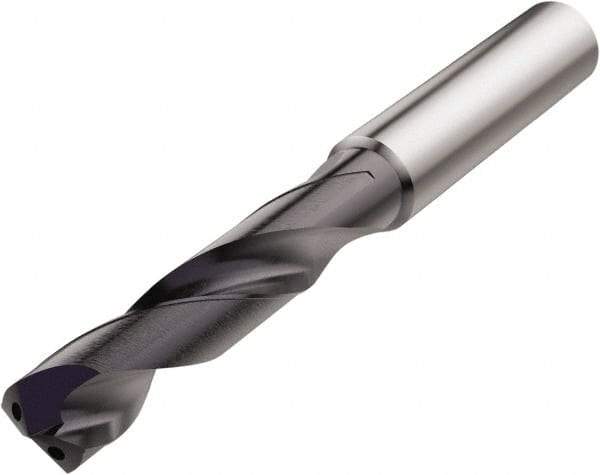 Seco - 17mm 140° Spiral Flute Solid Carbide Screw Machine Drill Bit - TiAlN Finish, Right Hand Cut, 73mm Flute Length, 123mm OAL, Conical Point, Straight Shank, Through Coolant - Caliber Tooling