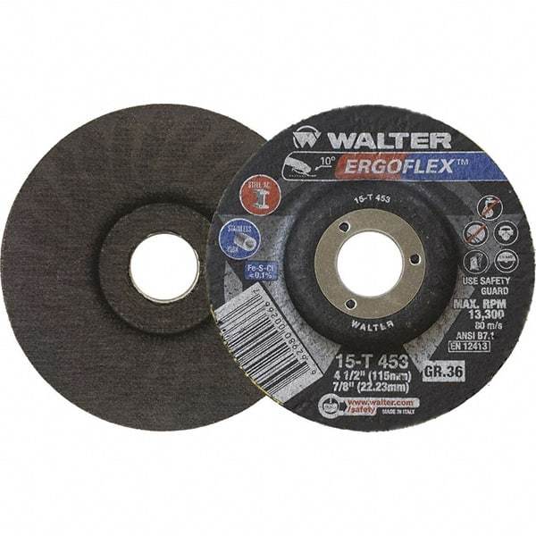 WALTER Surface Technologies - 36 Grit, 7" Disc Diam, 7/8" Center Hole, Type 29 Ceramic Flap Disc - 8,600 Max RPM, Arbor Attaching System, Coated - Caliber Tooling