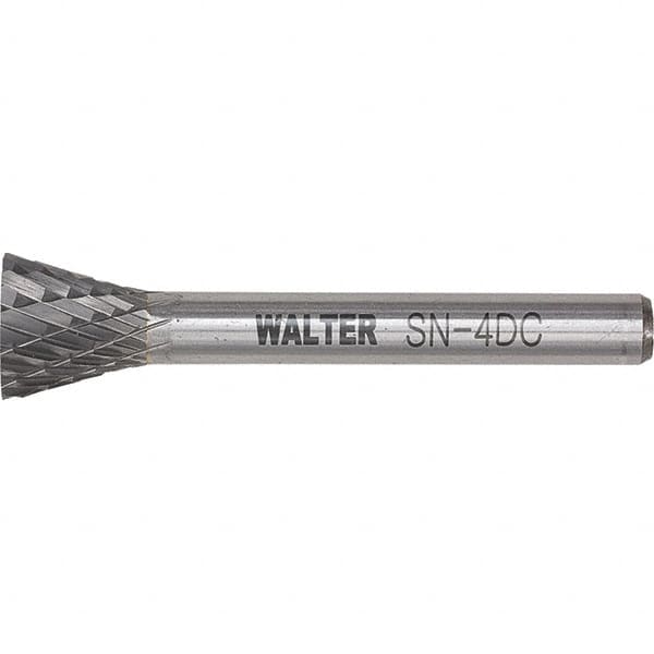 WALTER Surface Technologies - 1/4" Cut Diam, 1/4" Shank Diam, Inverted Cone Head Double Cut Burr - Tungsten Carbide, 3/4" LOC, 4-3/4" OAL - Caliber Tooling