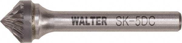 WALTER Surface Technologies - 1/2" Cut Diam, 1/4" Shank Diam, Cone Head Double Cut Burr - Tungsten Carbide, 1/4" LOC, 4-1/4" OAL - Caliber Tooling