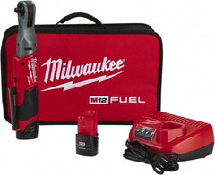 Milwaukee Tool - 3/8" Drive 12 Volt Pistol Grip Cordless Impact Wrench & Ratchet - 200 RPM, 55 Ft/Lb Torque, 2 Lithium-Ion Batteries Included - Caliber Tooling