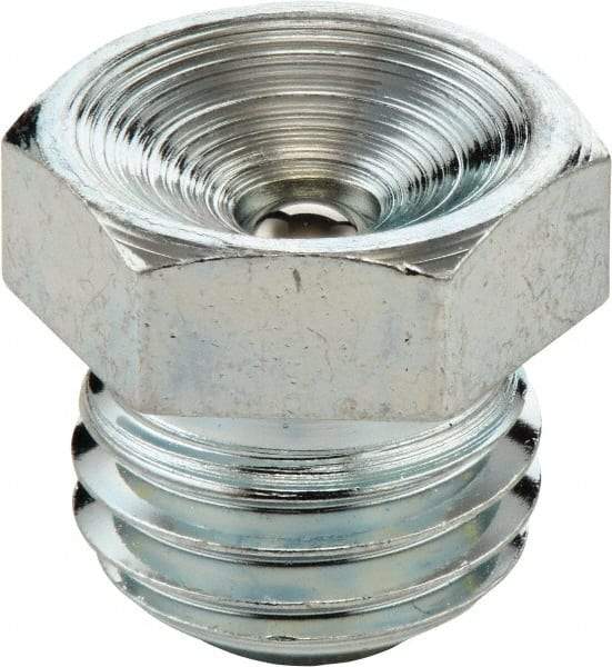 Umeta - Straight Head Angle, M6x1 Metric Steel Flush-Style Grease Fitting - 7mm Hex, 9mm Overall Height, 6mm Shank Length, Zinc Plated Finish - Caliber Tooling