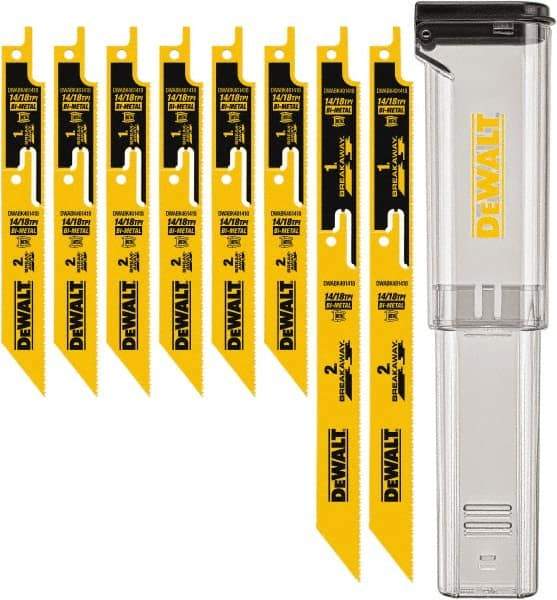 DeWALT - 8 Pieces, 6" to 9" Long x 0.04" Thickness, Bi-Metal Reciprocating Saw Blade Set - Straight Profile, 10-14 to 18 Teeth, Toothed Edge - Caliber Tooling