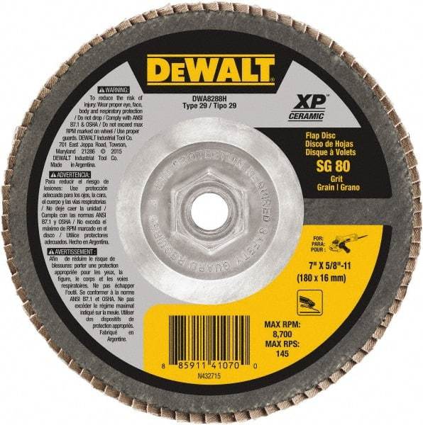 DeWALT - 80 Grit, 7" Disc Diam, 5/8-11 Center Hole, Type 29 Ceramic Flap Disc - 8,700 Max RPM, Poly Cotton Backing, Arbor Attaching System, Coated - Caliber Tooling