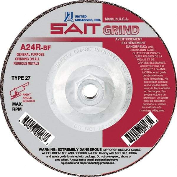 Sait - 24 Grit, 9" Wheel Diam, 1/4" Wheel Thickness, Type 27 Depressed Center Wheel - Aluminum Oxide, Resinoid Bond, R Hardness, 6,600 Max RPM, Compatible with Angle Grinder - Caliber Tooling