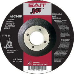 Sait - 60 Grit, 6" Wheel Diam, 7/8" Arbor Hole, Type 27 Depressed Center Wheel - Aluminum Oxide, Resinoid Bond, S Hardness, 10,200 Max RPM, Compatible with Angle Grinder - Caliber Tooling