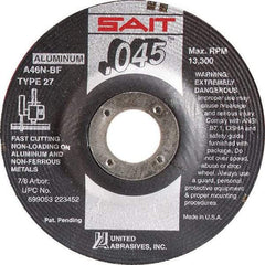 Sait - 46 Grit, 6" Wheel Diam, 7/8" Arbor Hole, Type 27 Depressed Center Wheel - Aluminum Oxide, Resinoid Bond, N Hardness, 10,200 Max RPM, Compatible with Angle Grinder - Caliber Tooling