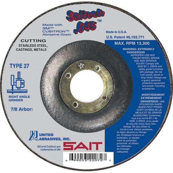 Sait - 4" Wheel Diam, 5/8" Arbor Hole, Type 27 Depressed Center Wheel - Ceramic, Resinoid Bond, 19,000 Max RPM, Compatible with Angle Grinder - Caliber Tooling