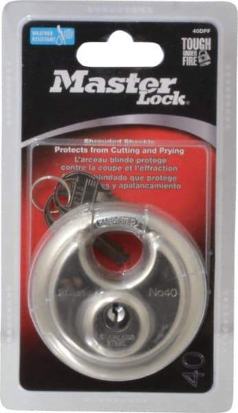 Master Lock - 3/4" Shackle Clearance, Keyed Different Shielded Shackle Disk Lock Padlock - 3/8" Shackle Diam, Stainless Steel - Caliber Tooling