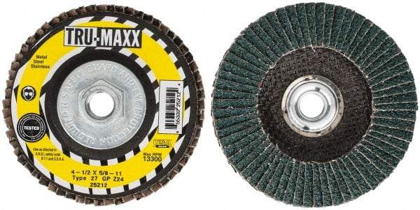 Tru-Maxx - 24 Grit, 4-1/2" Disc Diam, 5/8-11 Center Hole, Type 27 Zirconia Alumina Flap Disc - 13,300 Max RPM, Arbor Attaching System, Coated - Caliber Tooling